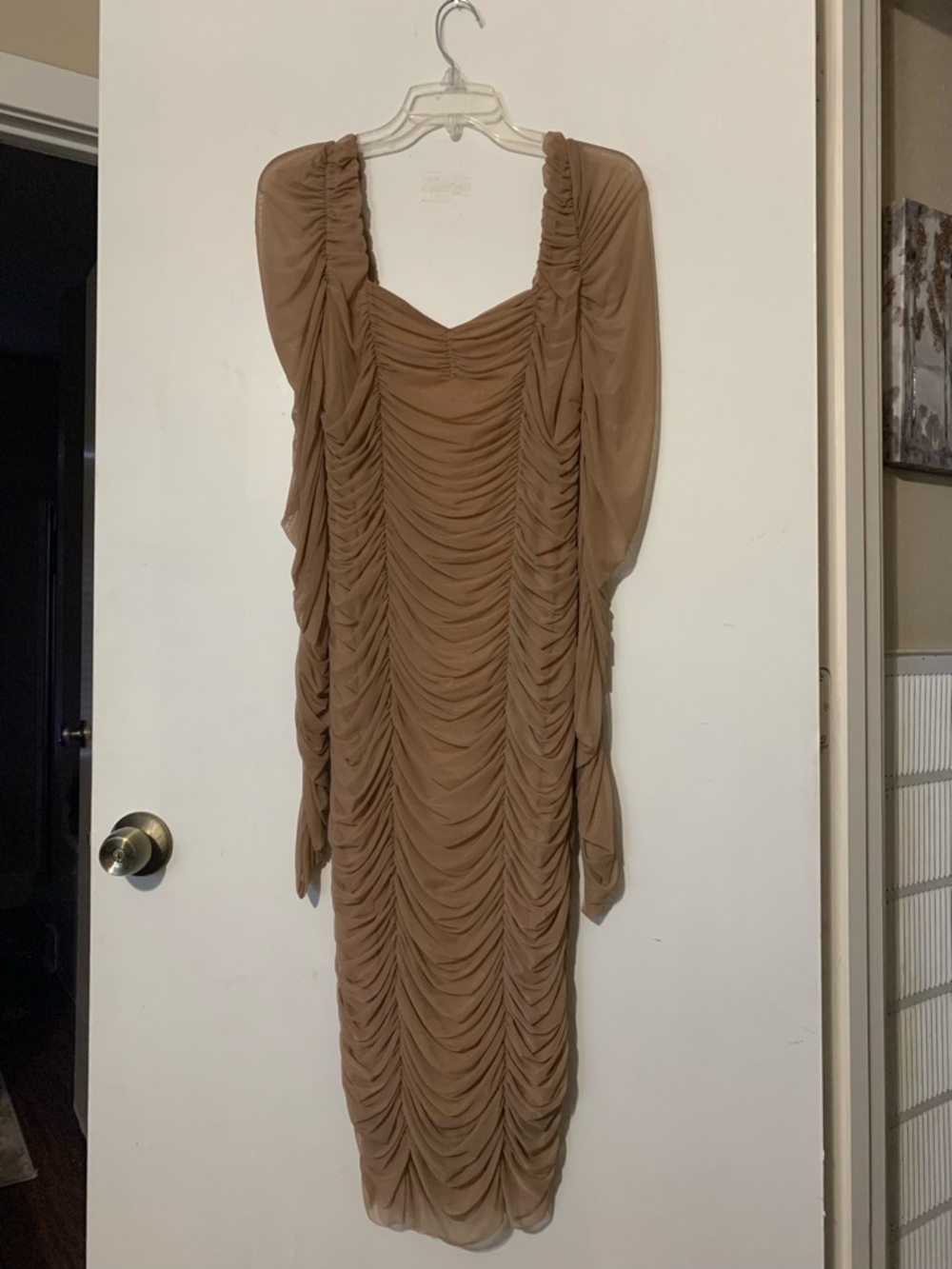Fashion Nova Taupe Ruched Midi Dress with Dolman Sleeves